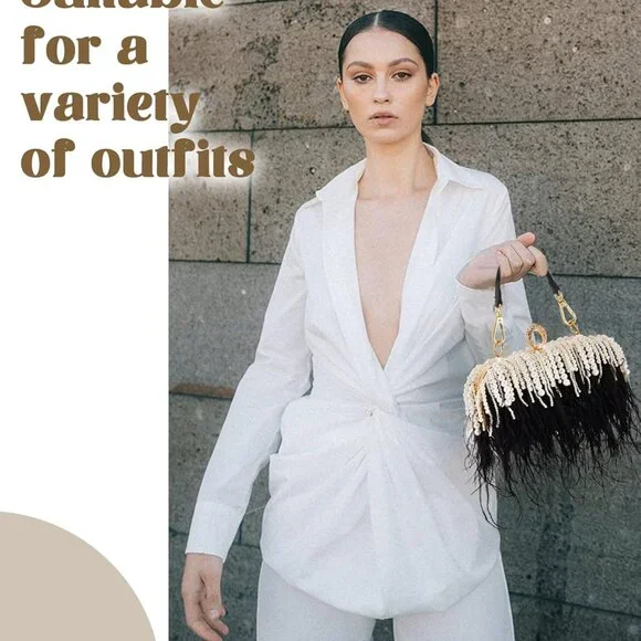 Women Ostrich Feather Tote Bag Fluffy Purse Clutch Feather Evening Handbag for W
